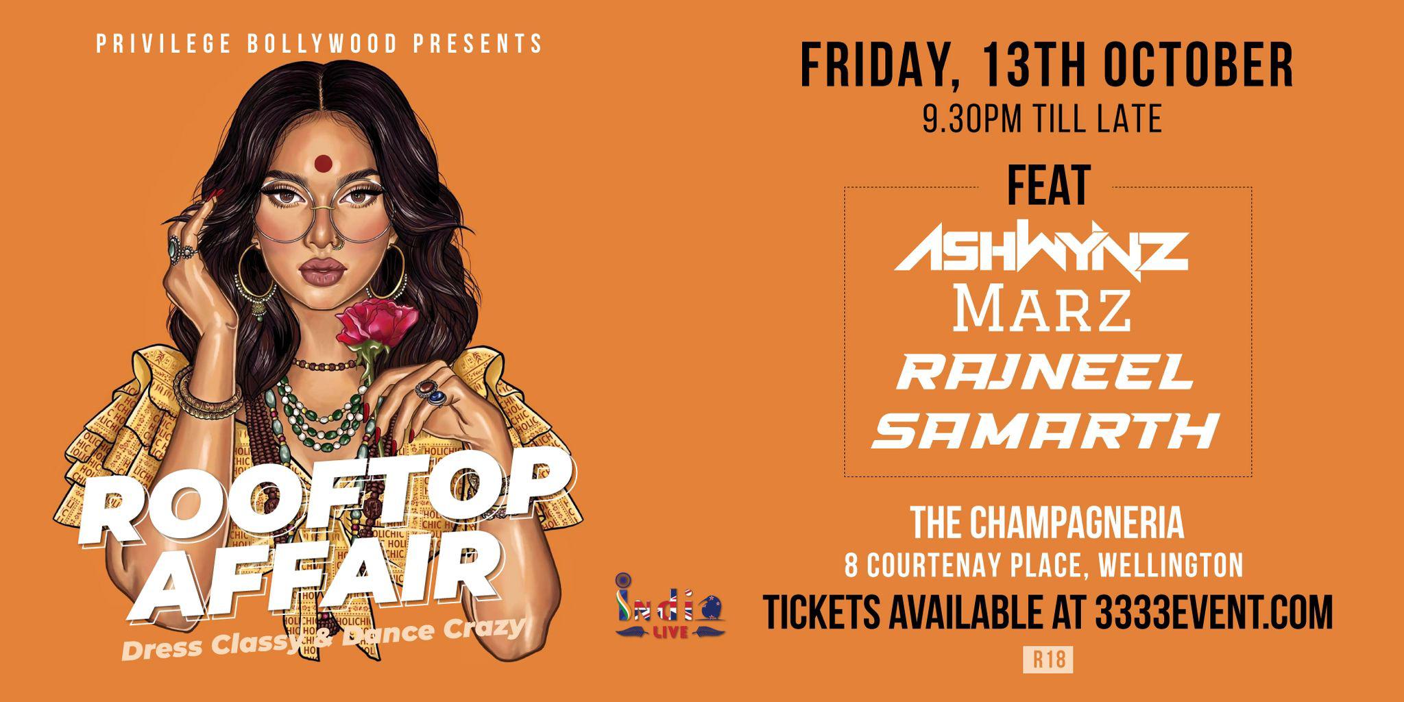 🎉 Privilege Bollywood: ROOFTOP AFFAIR on 13 OCT from 9:30PM @ The Champagneria, WLG🎉